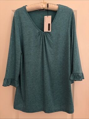 Teal V-Neck Ruffle Cuff Tunic